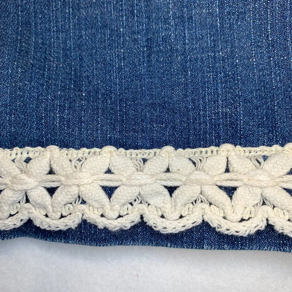 Sonoma Denim Pencil Jean Skirt Flower Applique Boho Crochet Trim Womens 8